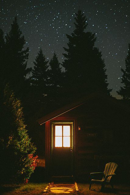 cabin on lake at night | The Marcy Cabin at night under a starry sky at Mt. Van Hoevenberg Bed ... The Woods At Night, Woods At Night, One Room Cabin, Little Cabin, A Cabin, Lake Placid, Small Cabin, Cabin In The Woods, Cabins And Cottages