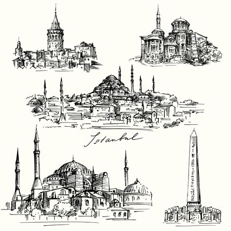 Istanbul city illustration vecto Tower Drawing, Hagia Sofia, Travel Symbols, Istanbul City, Architectural Sketches, Mosque Art, Travel Sketchbook, Pen Art Drawings, Architecture Design Drawing