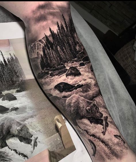 Bear Waterfall Tattoo, Men Bear Tattoos, Men’s Animal Sleeve Tattoo, Bear Leg Sleeve Tattoo, Bear River Tattoo, Awesome Leg Tattoos, Nature And Wildlife Tattoos, Arctic Tattoo Sleeve, Bear In Forest Tattoo