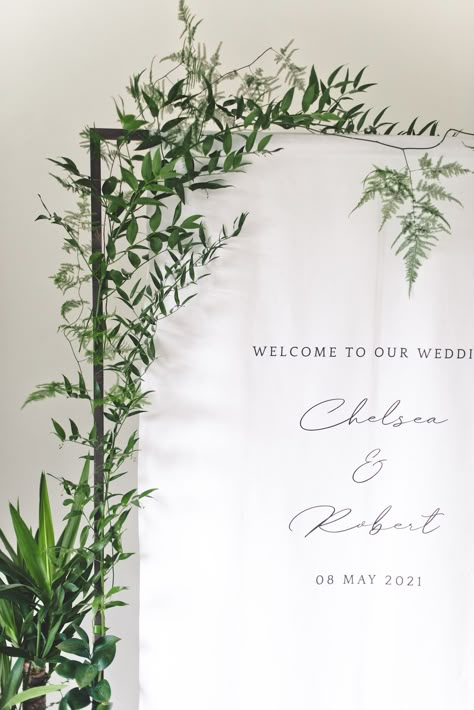 Welcome Wedding Sign - Banner Stand. Ceremony and reception decor details with greenery - The 5 Essential Wedding Signs You Need For Your Big Day - Belle The Magazine | See more romantic and modern wedding ideas and bridal inspiration by clicking on the photo Wedding Welcome Sign Greenery, Welcome Sign With Greenery, Modern Wedding Ideas, Wedding Entrance Sign, Welcome Banners, Event Signs, Wedding Chair Signs, Olive Wedding, Welcome Wedding Sign