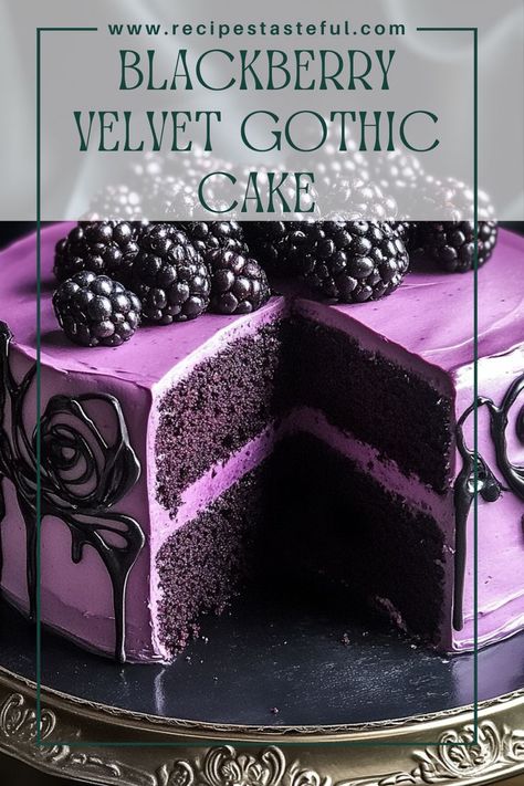 A luscious Blackberry Velvet Cake with rich chocolate ganache and a sweet, tangy blackberry filling. Perfect for special occasions or a decadent treat! Dark Romance Cake Recipe, Goth Cake Recipe, Wiccan Desserts, Cherry Cake Ideas, Blackberry Cake Filling, Gothic Recipes, Gothic Desserts, Black And Pink Cake, Wicked Cake