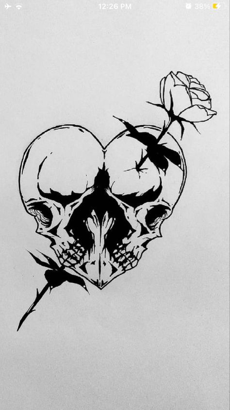 Creepy Heart Drawing, Dark Love Tattoo, Hedonism Tattoo, Skull Love Tattoo, Punk Rock Tattoos, Rose Outline Tattoo, Rose Heart Tattoo, Chest Tattoo Ideas, Skull Love