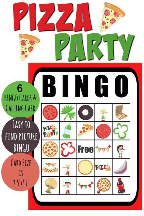 Free Printable Pizza Party Bingo Cards Pizza Bingo Free Printable, Pizza Activities For Preschool, Pizza Activities, Pizza Party Games, Kids Pizza Party, Pizza Party Ideas, Printable Pizza, Pizza Birthday Party, Pizza Party Birthday