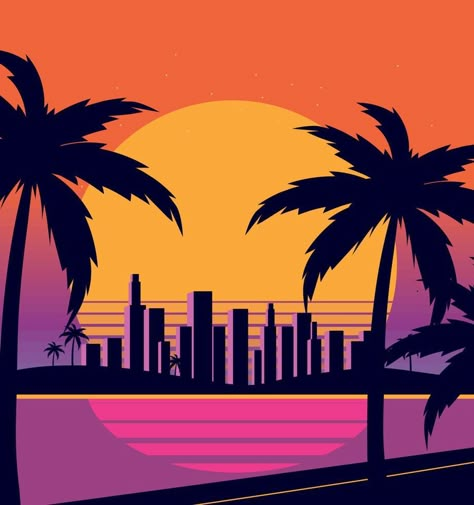 Miami Skyline Drawing, Miami Painting Ideas, Vice City Tattoo, Miami Graphic Design, Miami Drawing, Miami Painting, Miami Vice Theme, City Logos Design, Miami Posters