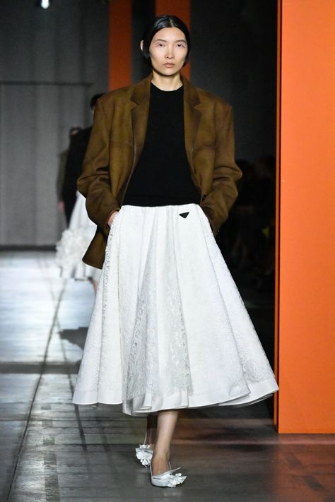 White Skirt Winter Outfit, White Skirt Winter, Ss24 Trends, Winter White Skirt, Prada 2022, Prada Aesthetic, Prada Skirt, White Skirt Outfits, Skirt Aesthetic