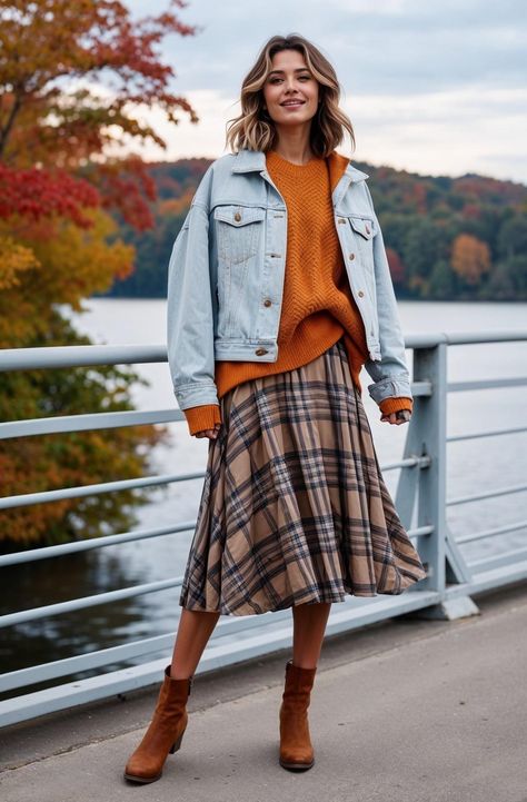 Embrace the season with this vibrant look featuring a cozy orange sweater layered over a stylish plaid skirt, perfectly complemented by a classic denim jacket. This outfit strikes the ideal balance between comfort and trend, making it perfect for those crisp autumn days. Discover how to mix textures and patterns for a fresh, fashionable vibe that turns heads!
#fallfashiontrends #fallfashion #outfitideas #outfittrends #autumnoutfit #fallioutfit #fashioninspo Orange Plaid Jacket Outfit, Plaid Jacket Outfit, Orange Sweater, Crisp Autumn, Sweater Layering, How To Mix, Classic Denim Jacket, Autumn Days, Orange Sweaters