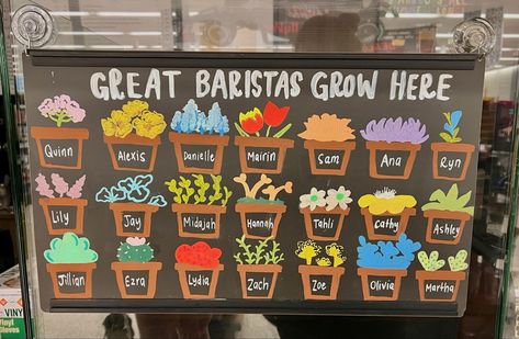 Barista Appreciation Ideas, Starbucks Employee Board, Starbucks Barista Board Ideas, Barista Of The Month Board, Starbucks Recognition Board, Meet Your Barista Board, Barista Board Ideas, Starbucks Chalk Signs, Starbucks Summer Chalkboard Art