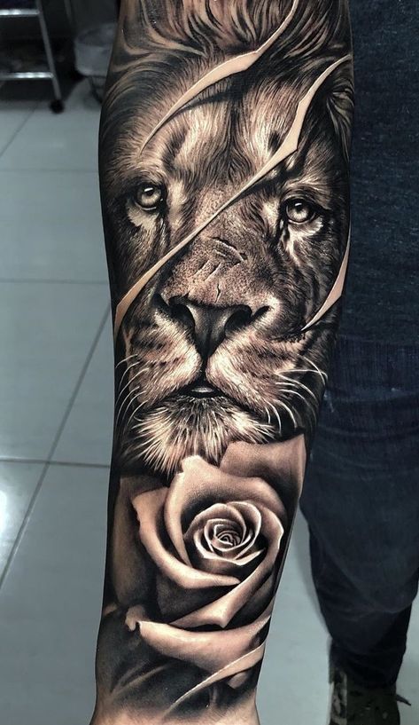 300+ Most Popular Mens Tattoos Ideas & Designs (2021) Good & Meaningful Lion And Rose Tattoo, Lion Forearm Tattoos, Tattoo Homme, Unusual Tattoo, Lion Tattoo Sleeves, Mens Lion Tattoo, Lion Head Tattoos, Men Tattoos Arm Sleeve, Forarm Tattoos