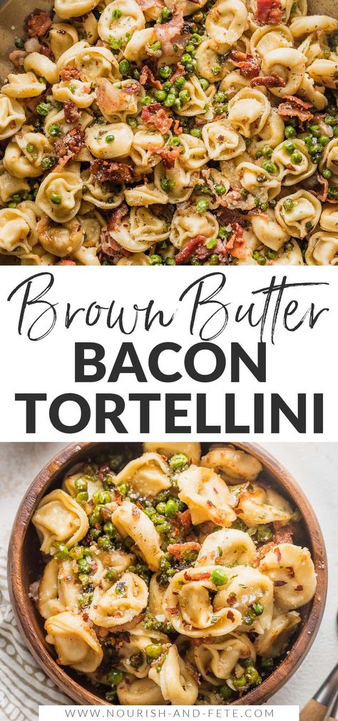 This brown butter Bacon Tortellini is quick and easy yet tastes luxurious, with cheesy tortellini, crisp bacon, tangy shallots, and tender peas. It makes a fantastic weeknight dinner but also is completely worthy of serving to company. Pork Tortillas, Tortellini Dishes, Bacon Tortellini, Cheesy Tortellini, Bacon Dinner, Tomato Tortellini Soup, Easy Skillet Meals, Tortellini Recipes, Tortellini Pasta