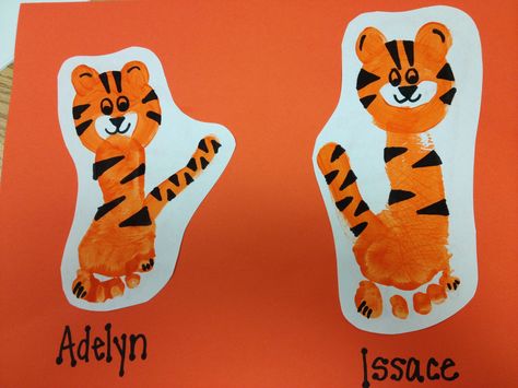 Tigers Animal Handprints, Hand Print Animals, Footprint Crafts, Tiger Crafts, Alphabet Crafts, Footprint Art, Handprint Craft, Handprint Crafts, Daycare Crafts