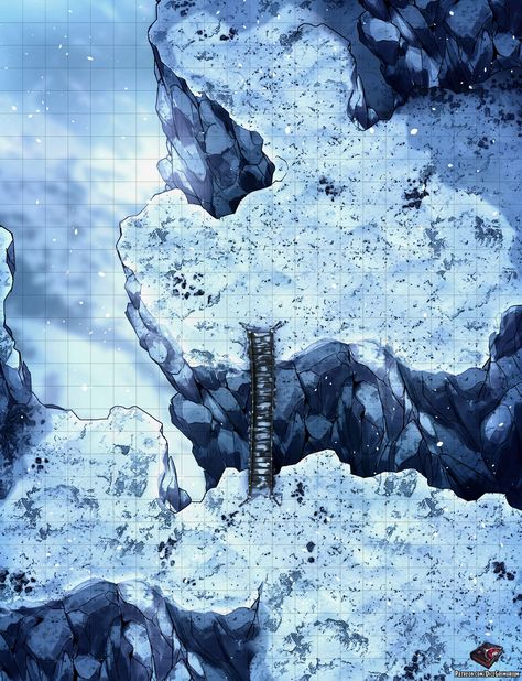 High Mountain Rope Bridge Chasm Northern Wall battlemap grid story lg (saved) Snow Map, Mountain Bridge, Icewind Dale, Dnd World Map, Building Map, Battle Map, Fantasy World Map, Tabletop Rpg Maps, Rpg Map