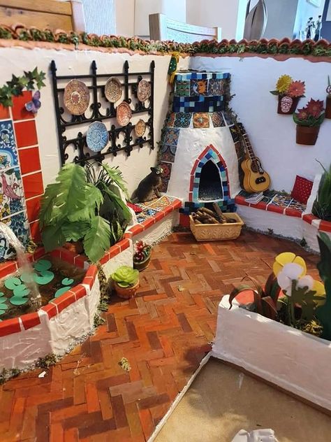 Miniature Mexican Kitchen, Adobe Dollhouse, Mexican Dollhouse, Mexican Miniatures, Mexican Home Design, Mexican Hacienda, Dollhouse Garden, Fairy Garden Designs, Architecture Sketchbook