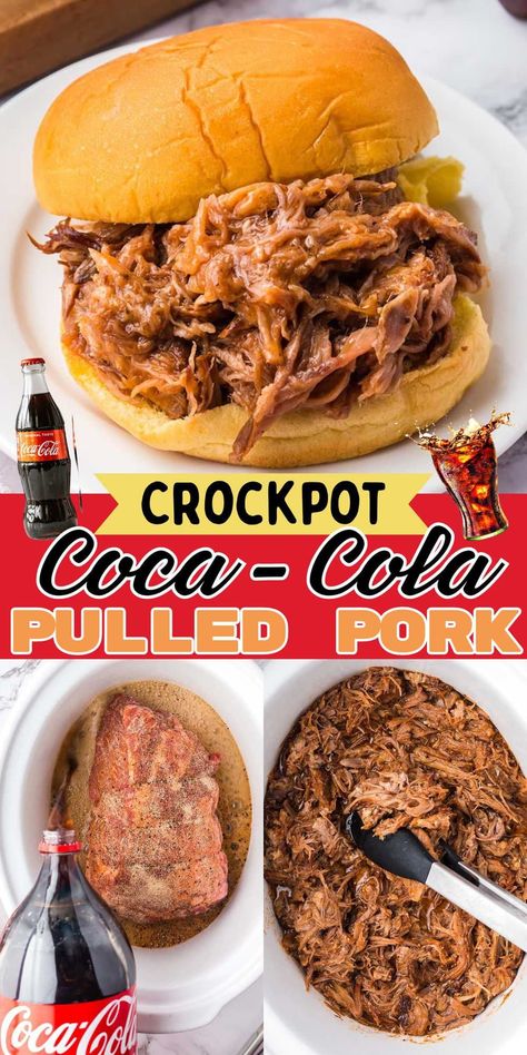 Cooking Crockpot Coca-Cola Pulled Pork creates the most flavorful, fall-apart tender meat with a sweet and smoky taste. With just a few spices, a can of coke, and a bottle of BBQ sauce, simply set it and forget it, and walk away until dinner is done! Slow Cooker Pulled Pork With Coke, Coke Pulled Pork Slow Cooker, Easy Crockpot Pulled Pork 3 Ingredients, Crockpot Pulled Pork Tacos, Easy Pulled Pork Crock Pot Recipes 3 Ingredients, Cheap Dinners For A Family Summer, Boston Button Bbq Crockpot, Pulled Pork Coke, Crockpot Barbeque Pork