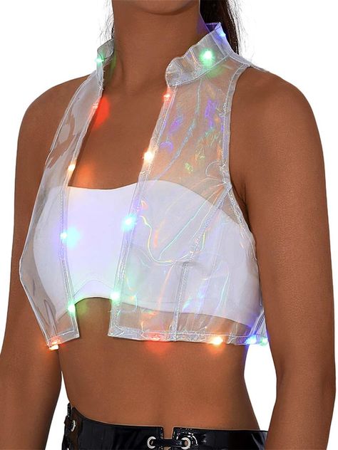 PRICES MAY VARY. Flashing crop vest jacket is made of tpu polyester, clear and lightweight.This vest use soft and breathable fabric, comfortable and fashionable. Open front cropped waistcoat size: S/M.Please refer the size chart in the picture for more details that choose the most suitable size for yourself. Shinny light up waistcoat is featuring led flashing design, open front, sleeveless, collar, cropp top length, soft smooth full lining to stop the vest from scratching your skin.Delicate dura Cardigan Vest Sleeveless, Rave Fits, Leather Waistcoat, Blue Bodysuit, Rave Outfit, Sleeveless Cardigan, Cropped Vest, Man Fashion, Vest Coat