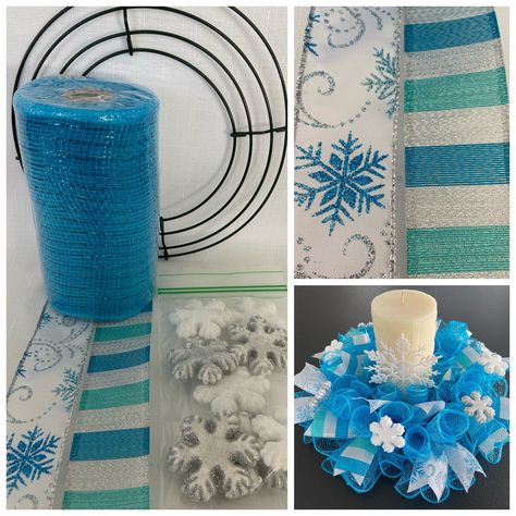 "*Please read full description!* *Candle & Large Snowflake on Candle are not included Do It Yourself -- Deco Mesh Centerpiece / Small Wreath Kit Includes: Mesh, Ribbon, Frame, Chenille Stems, & Embellishments Mesh: Turquoise -- 5.5\" x 10 yards Ribbon: Snowflake - 2 yards Stripe - 2 yards Frame: 8\" in diameter Stems: (12) 6 inches in length Embellishments: (8) Snowflakes - White & Silver Styrofoam Glitter *Instructions also included! (When completed your mini centerpiece will be 12\ Mini Wreath Diy, Diy Christmas Ribbon, Deco Mesh Centerpiece, Wreaths Winter, Tulle Wreaths, Centerpiece Candle Holder, Deco Mesh Crafts, Mesh Ribbon Wreaths, Glassware Crafts