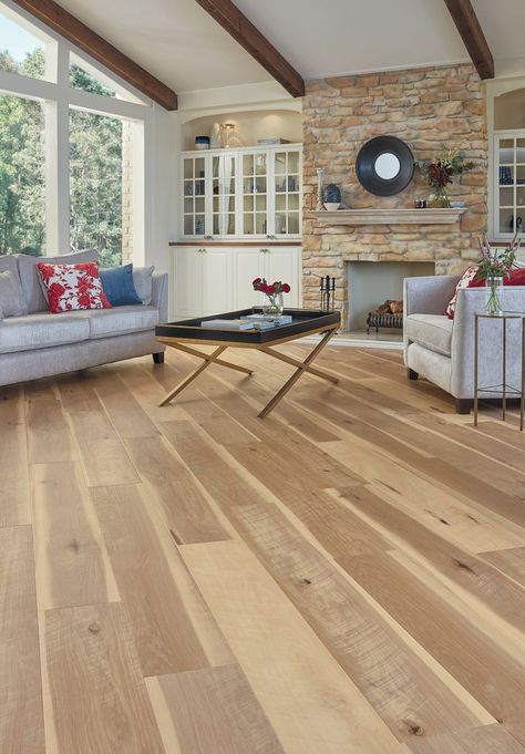 Classic Hickory flooring shown in a traditional living room setting, followed by a close-up angled image. Tiles Design For Hall, Hickory Floors, Living Room Floor Tiles, Hickory Flooring, Tiles Designs, Real Wood Floors, Floor Tile Design, Wooden Floor, Luxury Vinyl Tile