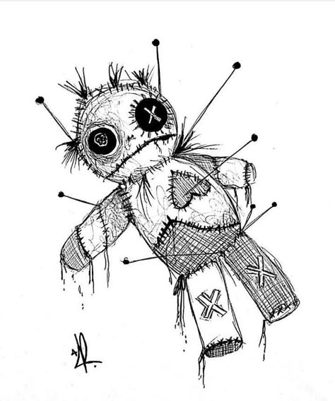 Voodoo Doll Drawing Cute, Voodoo Doll Sketch Drawings, Voodoo Drawing Sketch, Creepy Voodoo Doll Drawing, Voodoo Doll Art Drawing, Spooky Sketches Halloween, Voodoo Art Drawing, Haunted Doll Drawing, Scary Doll Drawing