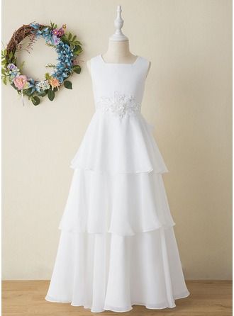 JJsHouse A-Line Floor-length Flower Girl Dress - Chiffon Sleeveless Square Neckline Simple Flower Girl Dresses, Bridal Things, Confirmation Dresses, White Frock, Chiffon Flower Girl Dress, Frocks For Kids, Sleeveless Flower Girl Dresses, Simple White Dress, Native Dress