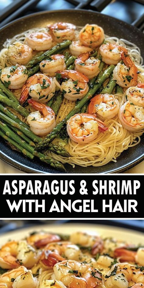 Ingredients: 8 oz angel hair pasta 12 large shrimp, peeled and deveined 1 bunch asparagus, trimmed and cut into 2-inch pieces 3 cloves garlic, minced 2 tablespoons olive oil 1/4 cup white wine 1/4 cup grated Parmesan cheese 1 tablespoon lemon juice Salt and pepper to taste Fresh parsley, chopped for garnish #Asparagus #Shrimp #Quickrecipe Shrimp Asparagus Pasta Recipes, Shrimp Asparagus Pasta, Asparagus Shrimp, Asparagus Pasta Recipes, Shrimp Asparagus, Baked Shrimp Recipes, Asparagus Pasta, Shrimp And Asparagus, Shrimp Recipes For Dinner