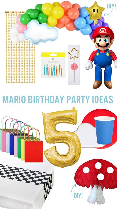 Easy Mario Birthday Decorations, Mario Kart First Birthday, Mario Balloon Garland, Mario Birthday Party Balloons, Modern Mario Birthday Party, Modern Super Mario Birthday, Super Mario Bros Party Balloons, Rainbow Road Mario Kart Party, Rainbow Road Mario Kart