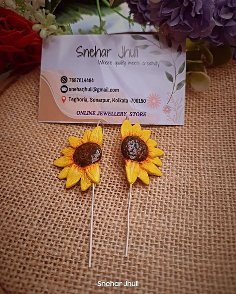 Clay pin bugadi Sunflower 🌻 Can be customised any flower Ping me or dm for any query 7687014484 . . . . No cash on delivery. . . Pre-booking must. Shipping available all over india, gpay paytm phone pay available. . . #snehar_jhuli #sneharjhuli #sneharjhuli #snehar_jhuli #pinbugadi #sunflowers🌻 #clayjewelry #design #handmadejewelry #artist #trendingfashion #viral Handmade Clay Jewellery, Bugadi Earrings, Phone Pay, Jewellery Maker, Fabric Jewellery, Handmade Clay Jewelry, Clay Jewellery, Handmade Clay, Hand Painting Art