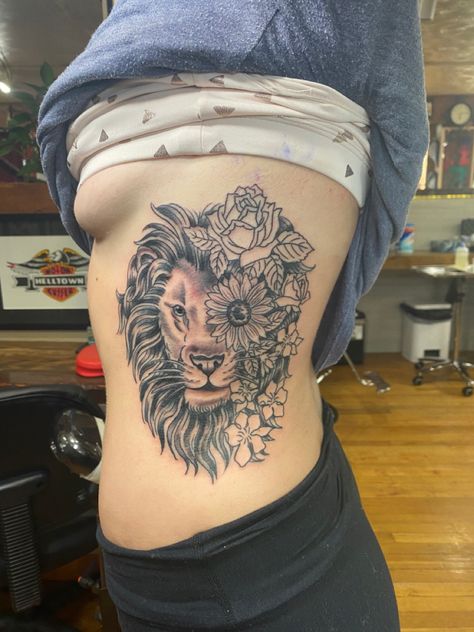 Rib Tattoo, Lion, Flowers Lion Rib Tattoo, Large Rib Tattoos For Women, Tattoo Ribcage, Family First Tattoo, Cover Up Tattoos For Women, Rib Tattoos For Women, Tattoo Lion, Leo Tattoos, Cover Up Tattoo