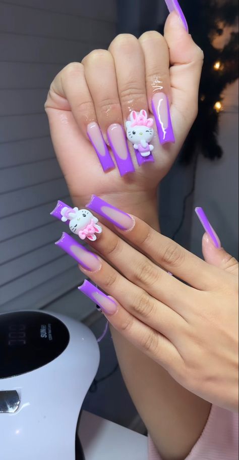 Purple Sanrio Nails, Purple Hello Kitty Nails, Purple Cartoon Nails, Purple Hello Kitty Nails Acrylic, Purple Quince Nails Flowers, Hello Kitty Nails Acrylic, Xxl Hello Kitty Nails, Lilac Quince, Baby Pink Nails Acrylic