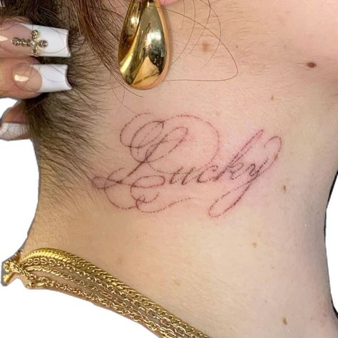 Script Tattoo Neck, Script Neck Tattoo, Cursive Neck Tattoo, Neck Script Tattoo, Lucky Tattoo, Cursive Tattoos, Handpoke Tattoo, 4 Tattoo, Text Tattoo