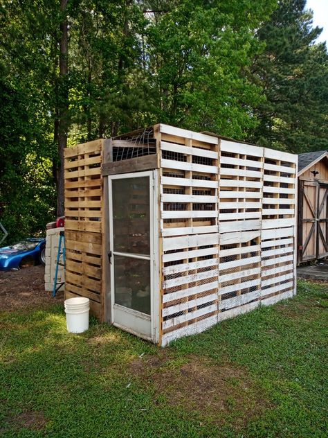 Chicken Coups From Pallets, Diy Pallet Chicken Coop, Bunny Habitat, Pallet Garden Ideas Diy, Diy Coop, Pallet Chicken Coop, Pallet Coop, Easy Diy Chicken Coop, Coturnix Quail