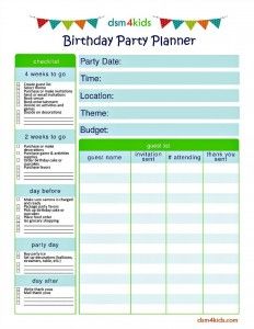 Kids Birthday Party Planner: Printable – dsm4kids.com Toddler Birthday Party Checklist, Birthday Party Checklist Free Printable, Party Planning Checklist Organizing, Party Planner Checklist, Kids Birthday Party Planner, Birthday Party Planning Checklist, Barbie 5th Birthday Party Email Or Sms Invitations, Birthday Party Planner Printable, Party Timeline