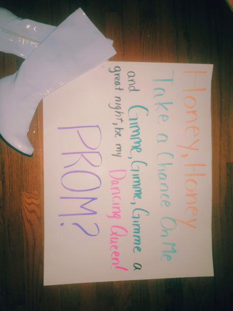 Lyric Promposal, Abba Promposal, Song Promposal Ideas, Song Lyric Promposal, Mama Mia Hoco Proposal, Song Lyric Hoco Proposals, Mamma Mia Homecoming Dress, Mama Mia Promposal, Mamma Mia Promposal