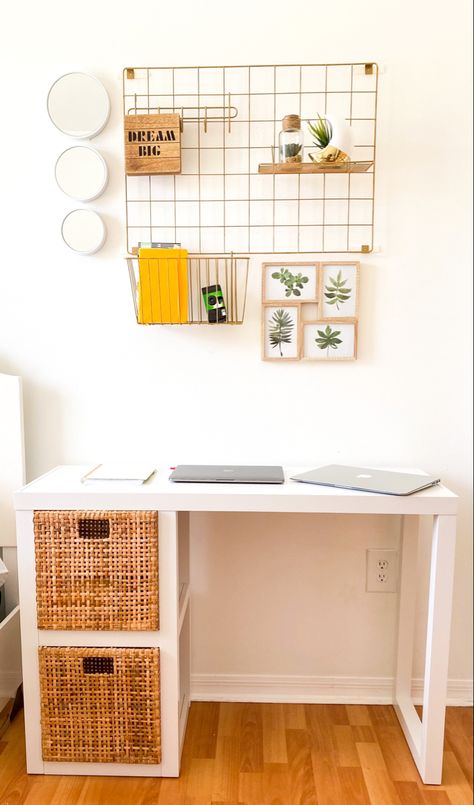 Boho Desk Space Bedroom, Boho Teen Desk, Small Bohemian Bedroom With Desk, Small Boho Desk, White Desk Boho, Modern Boho Bedroom, Ikea Desk, Ikea Lack, Small Study