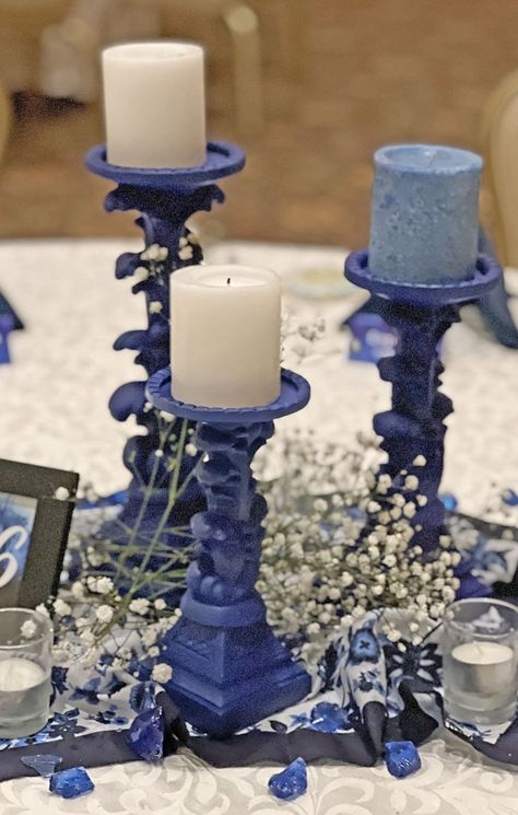 Sapphire Party Theme, Blue Table Centerpieces, Graduation Board, Graduation Boards, Awards Banquet, 45th Wedding Anniversary, Sapphire Anniversary, Winter Ball, Blue Table