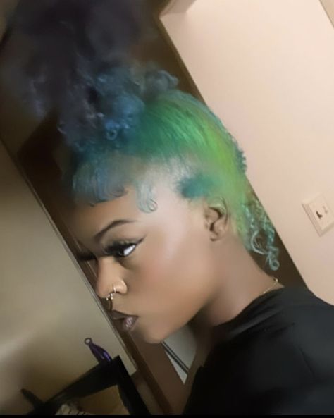 Blue And Green Skunk Stripe Hair, Blue And Green Hair Black Women, Blue Skunk Stripe Hair, Skunk Strip, Blue And Green Hair, Blue Natural Hair, Skunk Stripe, Girl Hair Colors, Sleek Ponytail Hairstyles