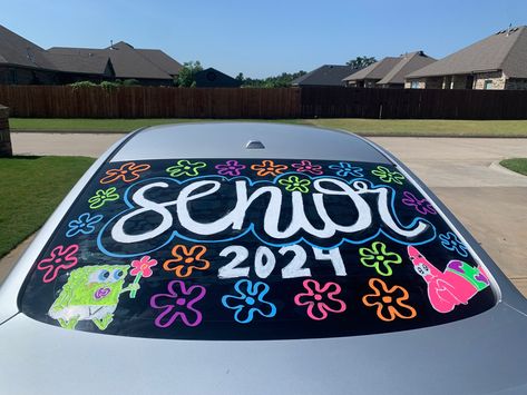 High School Car Decorating, Just Graduated Car Paint, Car Window Decorations For Graduation, Car Decorating Ideas For Graduation, Graduate Car Decoration, Graduation Window Paint Ideas, Class Of 2024 Car Decorating, Senior Writing On Car Windows, Senior Car Decorating 2024