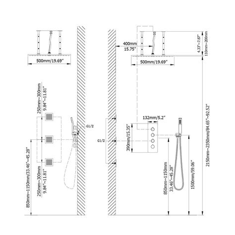 Modern Square Ceiling Mount Rain Shower System with Hand Shower & Body Spray Jets 3-Function Shower Valve in Matte Black - Shower Systems - Shower Faucets - Bath & Faucets Rain Shower Head Ceiling, Black Shower System, Shower Dimensions, Shower Plumbing, Brass Shower Head, Rain Shower System, Year Planning, Shower Jets, Shower Head With Hose