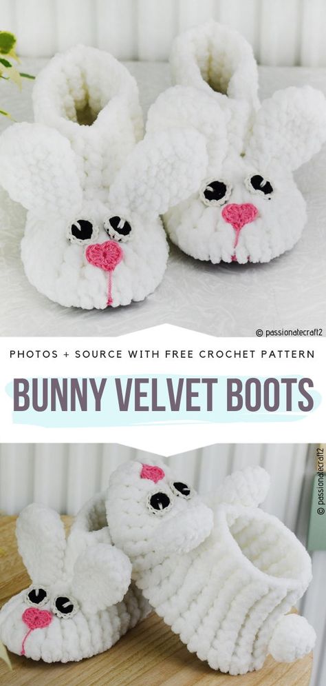 Bunny Velvet Boots Free Crochet Pattern Crochet Boots Free Pattern, Baby Bunny Shoes, Crocheted Slippers, Boots Pattern, Crochet Baby Boots, Bunny Slippers, Easter Items, Crochet Boots, Velvet Boots