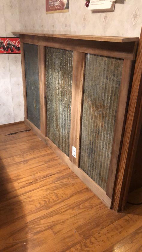 Rusted Tin Walls, Metal Wainscoting Ideas Corrugated Tin, Shiplap And Corrugated Metal Wall, Rusty Tin Walls, Tin Basement Walls, Rusted Corrugated Metal Wall, Tin Wall Ideas, Galvanized Wall Ideas, Rustic Walls Ideas