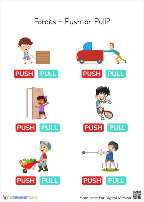 Push the boredom away and pull your interest in science with this worksheet right now! #pushandpull #pushorpull #science #worksheets #freeprintables #forces #push #pull #kidsactivities #scienceactivities #choosing #identifying #pushpullworksheet Push And Pull Activities For Preschool, Push And Pull Worksheets, Push And Pull Activities, Indoor Games For Kids, Push And Pull, 5th Grade Science, Pushes And Pulls, Science Worksheets, Indoor Games