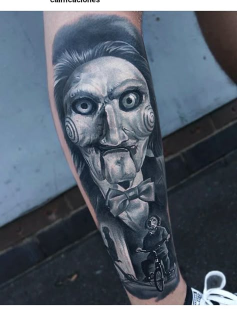 Horror Leg Tattoo, Jigsaw Tattoo, Rip Tattoos For Dad, Gas Mask Tattoo, Horror Sleeve, Horror Movie Tattoos, Skull Girl Tattoo, Horror Tattoos, Clown Tattoo