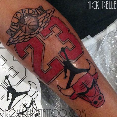 by nick pelle at providence tattoo #nickpelle #providencetattoo #jordan #23 #basketball #tattoo #basketballtattoo #michaeljordan #bulls Basketball Themed Tattoos, Air Jordan Tattoo, Jordan Tattoo Ideas, Michael Jordan Tattoo, Lebron James Tattoos, Chicago Bulls Tattoo, Providence Tattoo, Jordan Tattoo, Basketball Tattoos