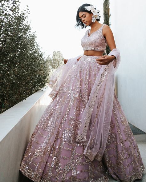 Lilac Purple Mirror Lehenga | Seema Gujral Lilac Indian Outfit, Lehenga Purple, Mirror Lehenga, Lilac Lehenga, Designer Lehnga Choli, Seema Gujral, Purple Lehenga, Indian Fashion Trends, Purple Mirror