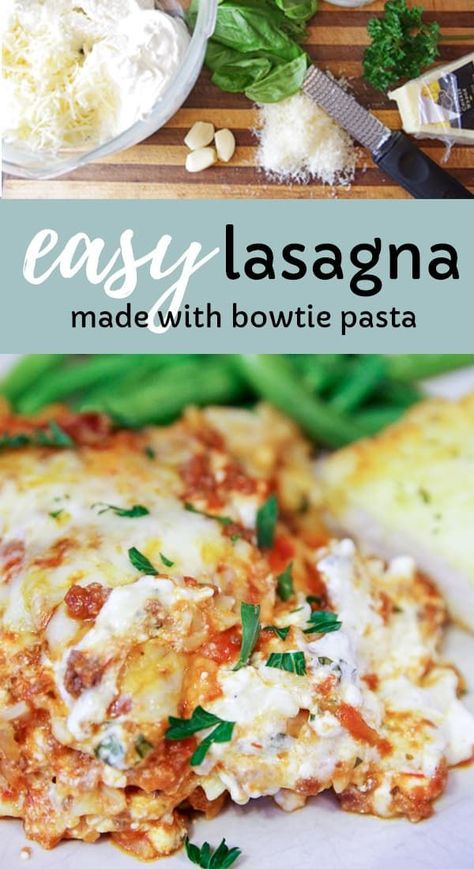 Easy lasagna (aka messy lasagna!) recipe using bowtie pasta or any favorite pasta - just not the traditional kind. Layer the homemade sauces with cottage cheese, parmesan and sour cream to make this delicious and easy lasagna recipe! #recipe #lasagna #dinner Easy Lasagna Casserole, Cleverly Simple, Lasagna Dinner, Recipe Lasagna, Easy Lasagna Recipe, Lasagna Pasta, Dinner Night, Fish Recipes Healthy, Bowtie Pasta