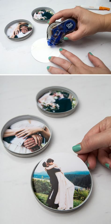 In a few quick steps, you'll be able to create a darling and useful resin coasters using your favorite photos! Perfect for wedding or vacation photos! Diy Photo Coasters, Photo Resin, Saint Valentin Diy, Coasters Diy, Jar Crafts Diy, Photo Coasters, Mason Jar Crafts Diy, Mason Jar Lids, Diy Coasters