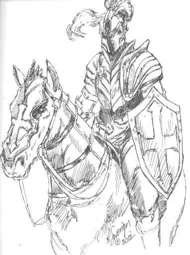 Knight on Horse - pen art Horse Drawings Sketches, Crusader Knight Drawing, Horse Anime, Knight Poses Drawing, Warrior Sketch, How To Draw A Knight, Knight Drawing Reference, Horse Armor Drawing, Medieval Sketch