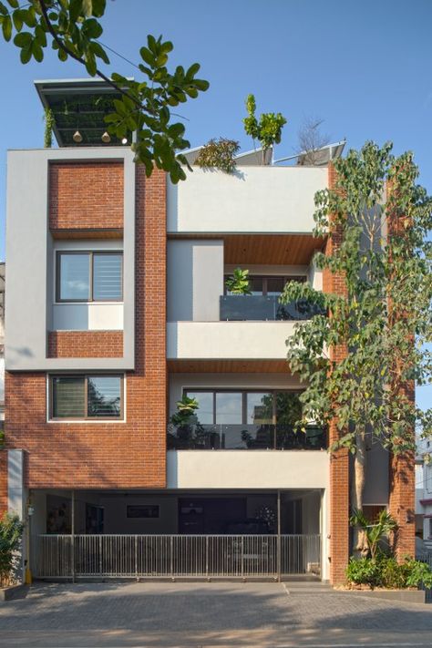 Residence that Showcases Subtle Tints with Modern Design Elements | Studio DSA - The Architects Diary Elevation Designs For House Indian, Outside Elevation Design, Modern Residence Facade, Brick Cladding Elevation, Brick Elevation Architecture, Modern Bunglow Elevations, Small Building Facade, Brick Elevation Design, Small Residence Elevation