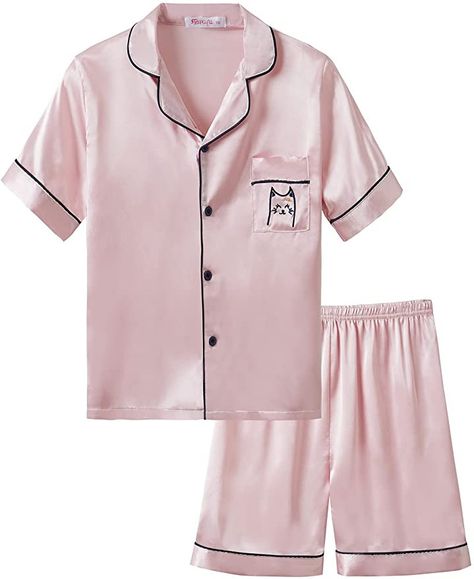 Satin Pajamas for Girls Coat Style Unicorn & Cat Silk Button Down PJ Set Size 6-16 Cat In Pink, Pajamas For Girls, Embroidered Cat, Cat Summer, Midi Shorts, Infant Flower Girl Dress, Summer Shorts Outfits, Cat Pajamas, Unicorn Cat