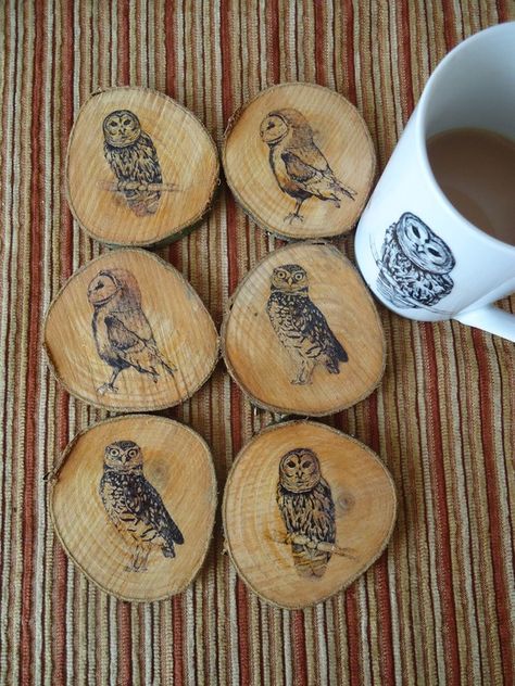 Owl Coasters!  Charming... Owl Coasters, Wooden Log Slices, Wooden Owl, Wood Burning Crafts, Wood Burning Patterns, Owl Patterns, Forest School, Wood Burning Art, Owl Decor