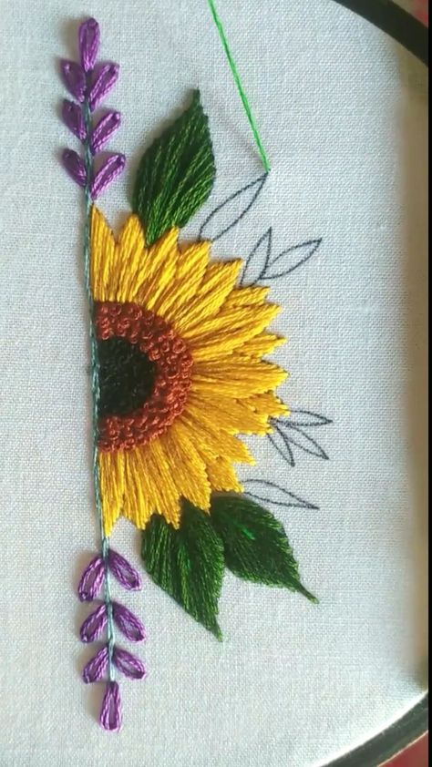 Half Sunflower Embroidery Pattern, Sunflower Stitch Embroidery, Easy Sunflower Embroidery, Yellow Flowers Embroidery, Sunflower Embroidery Pattern Templates, Sunflower Embroidery Designs, Sunflower Embroidery Pattern Design, Embroidery Sunflower Pattern, Sunflower Embroidery Tutorial