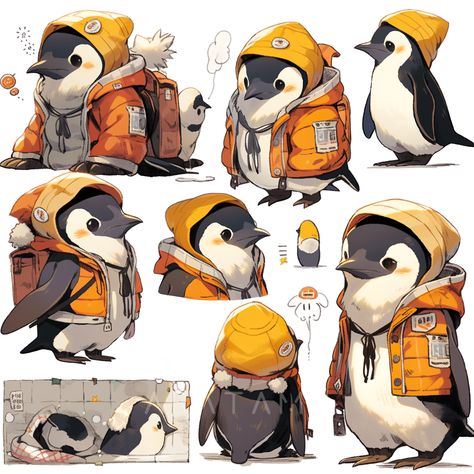 Cute Animal Concept Art, Animal Inspired Character Design, Penguin Character Design Concept Art, Animal Anime Characters, Masked Woman Anime, Animal Characters Design, Penguin Digital Art, Penguin Fursona, Penguin Concept Art